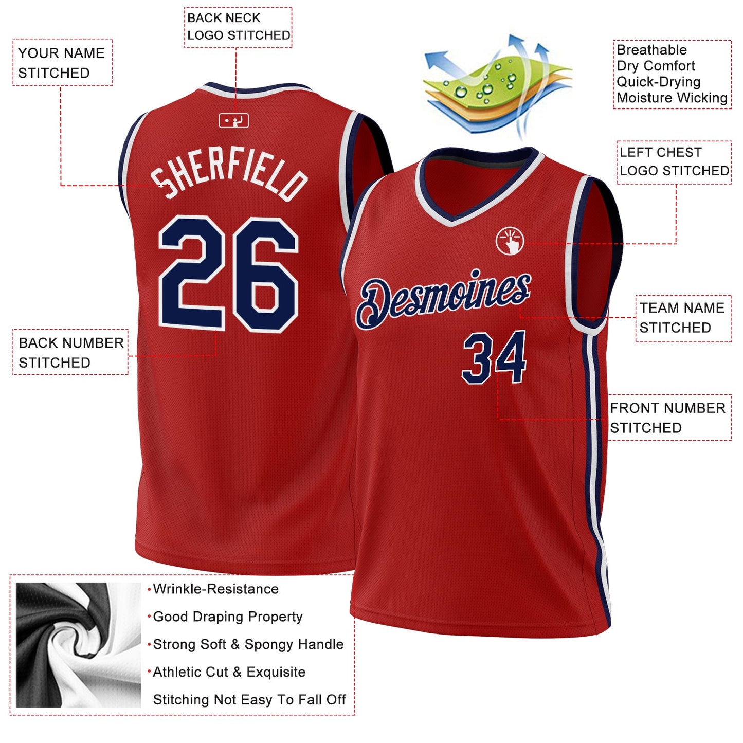 Custom Red Navy-White Authentic Throwback Basketball Jersey view 3