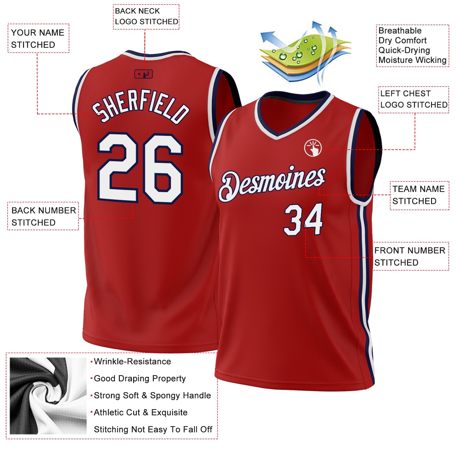 Custom Red White-Navy Authentic Throwback Basketball Jersey view 3