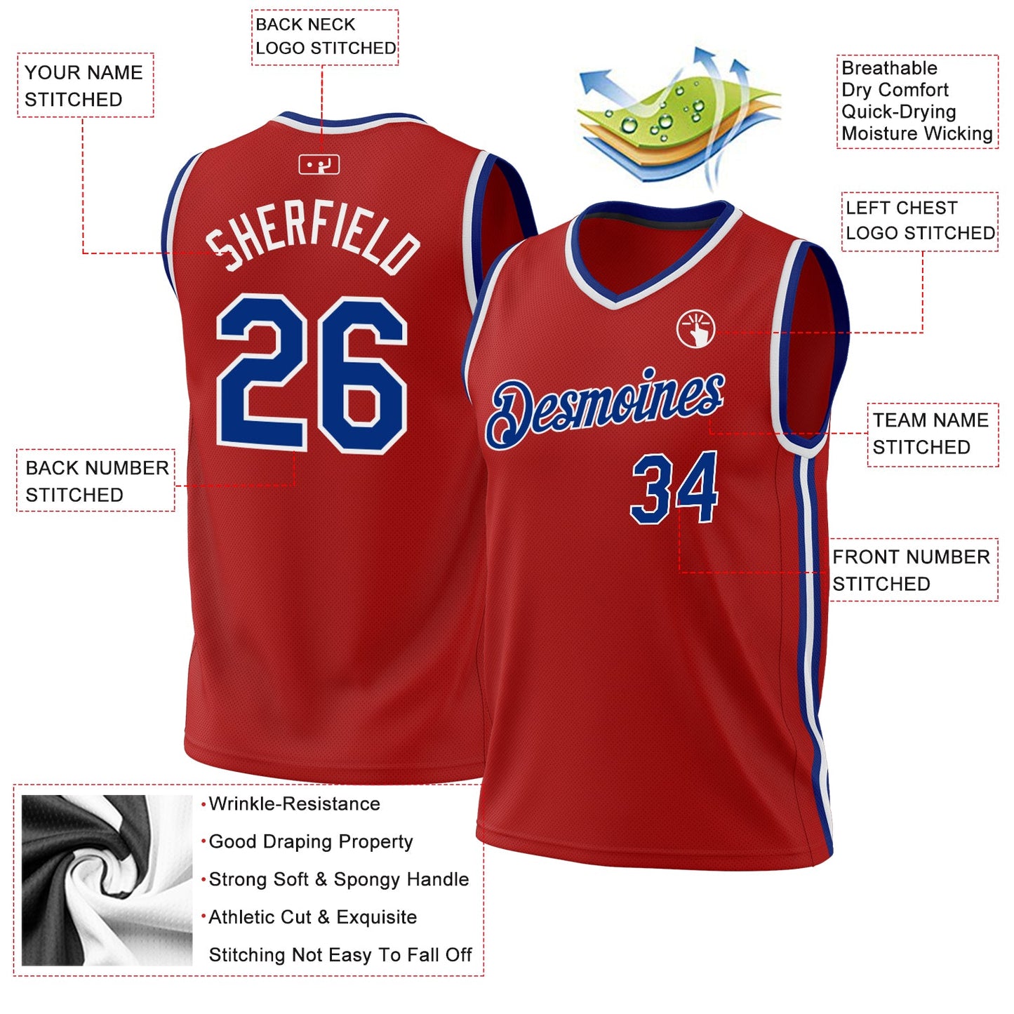 Custom Red Royal-White Authentic Throwback Basketball Jersey view 3