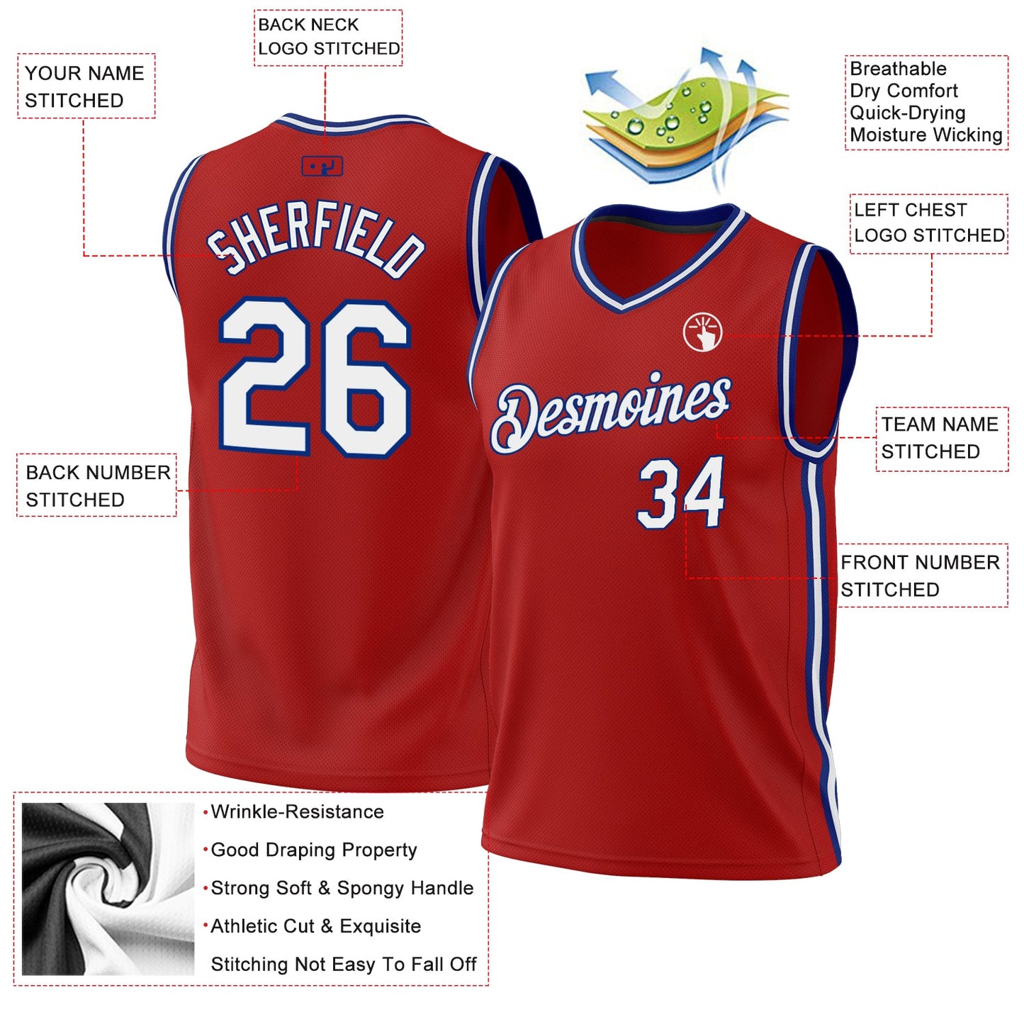 Custom Red White-Royal Authentic Throwback Basketball Jersey view 3