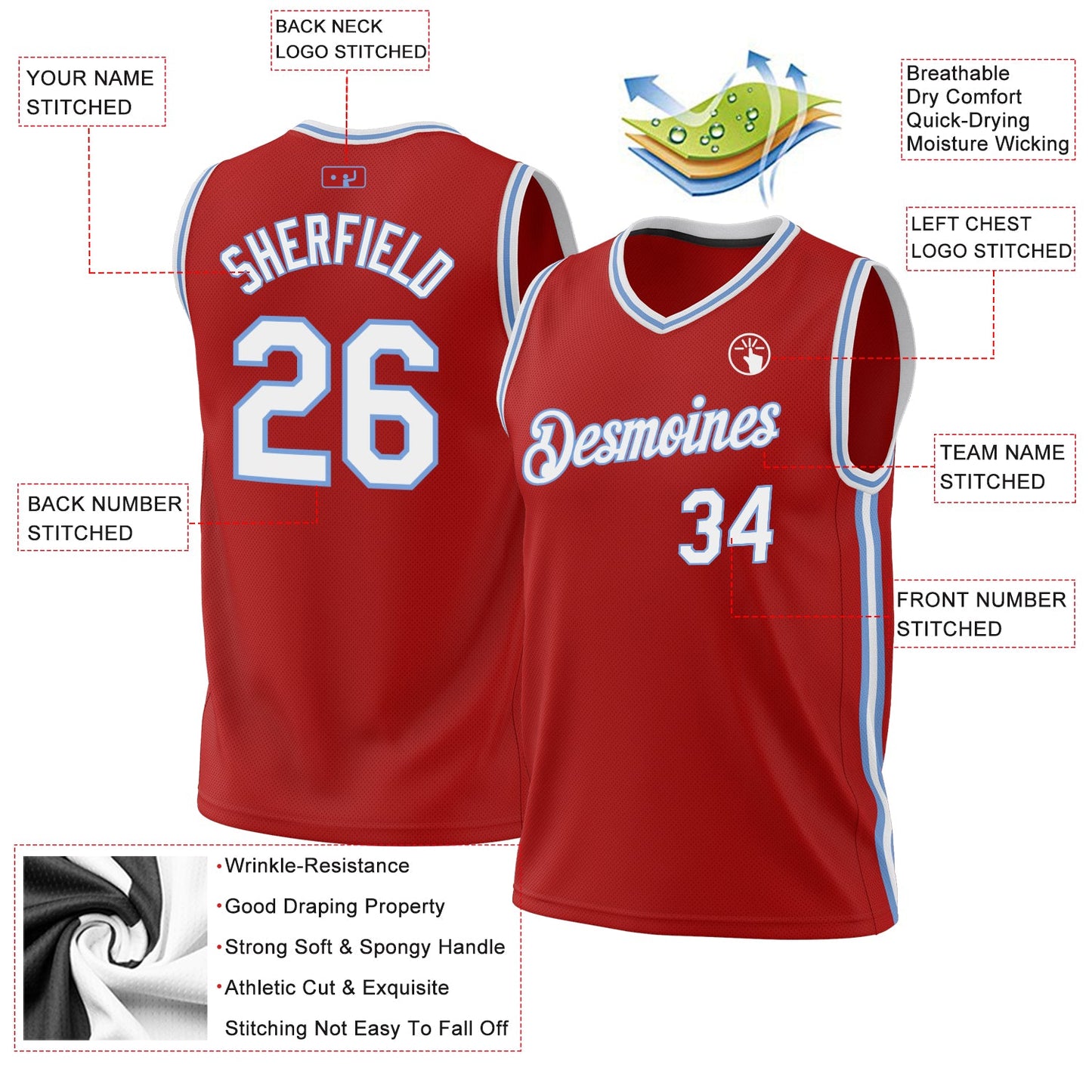 Custom Red White-Light Blue Authentic Throwback Basketball Jersey view 3