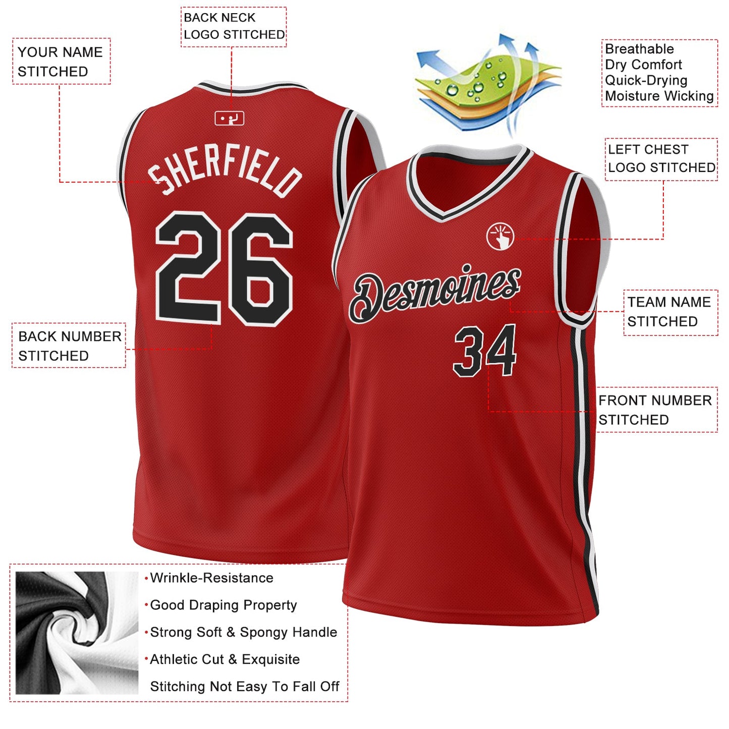 Custom Red Black-White Authentic Throwback Basketball Jersey view 3