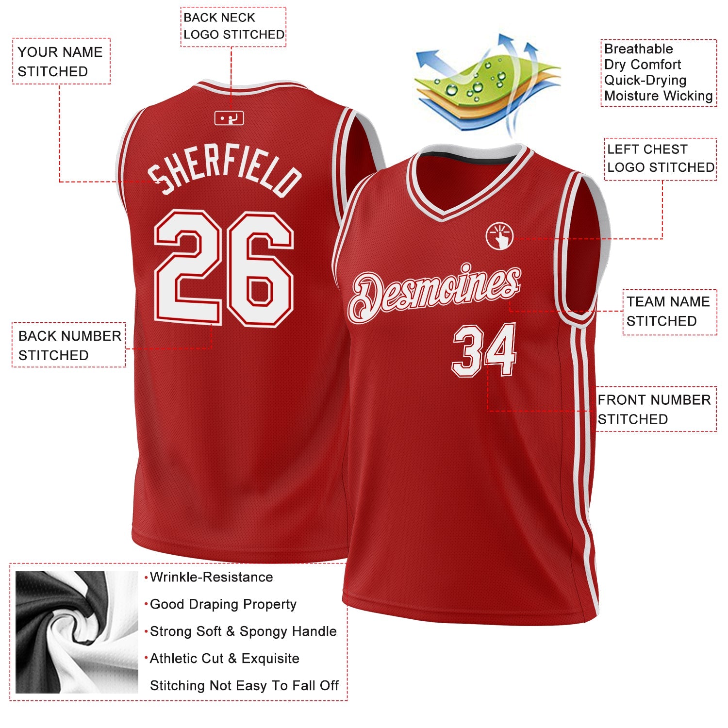 Custom Red White Authentic Throwback Basketball Jersey view 3