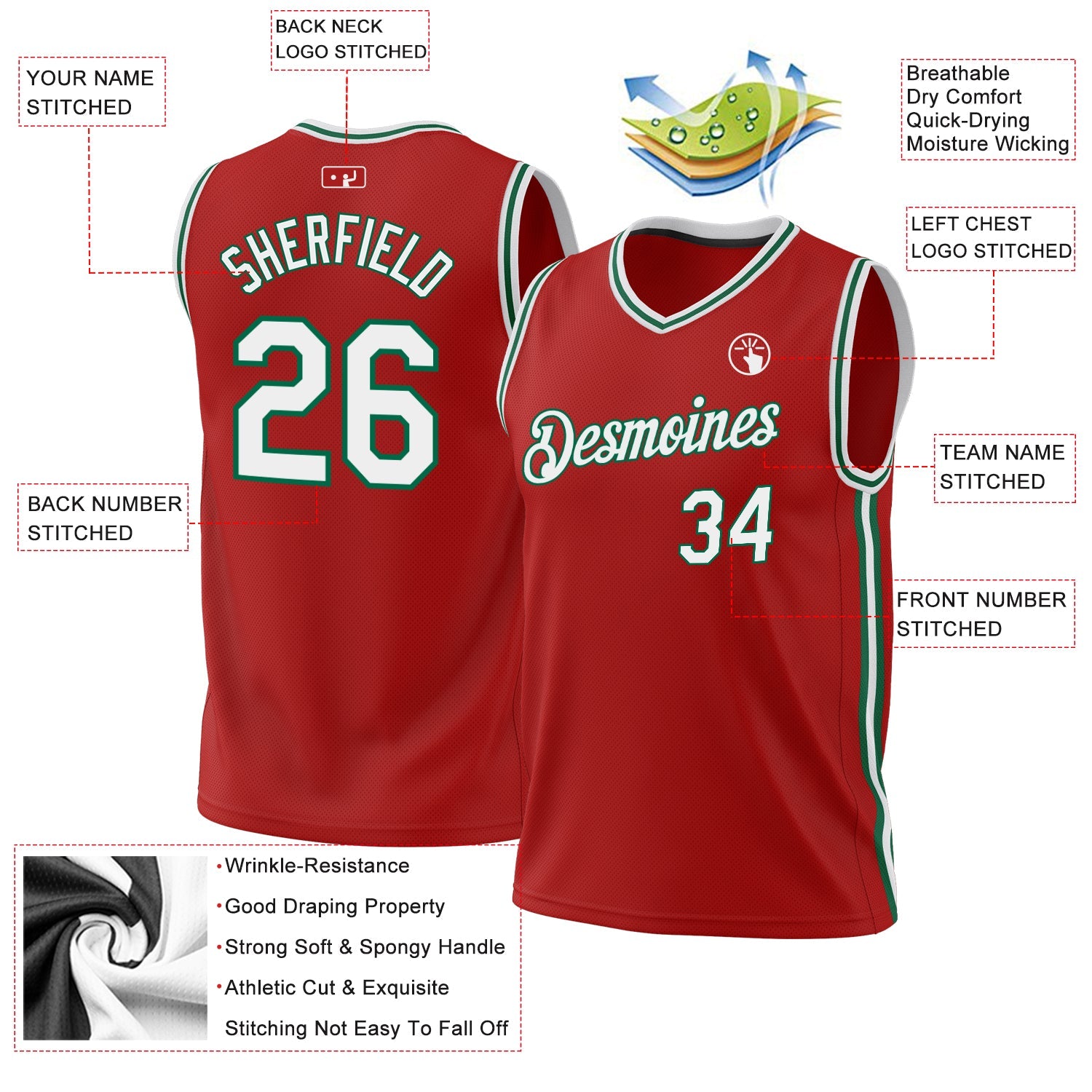 Custom Red White-Kelly Green Authentic Throwback Basketball Jersey view 3
