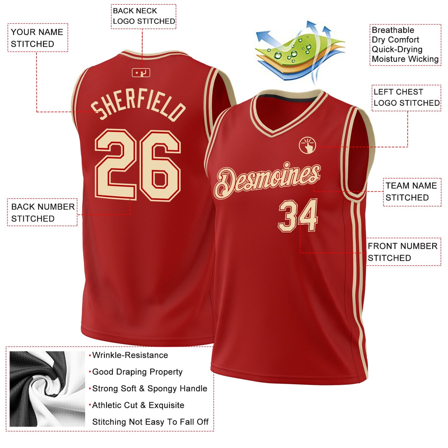 Custom Red Cream Authentic Throwback Basketball Jersey view 3