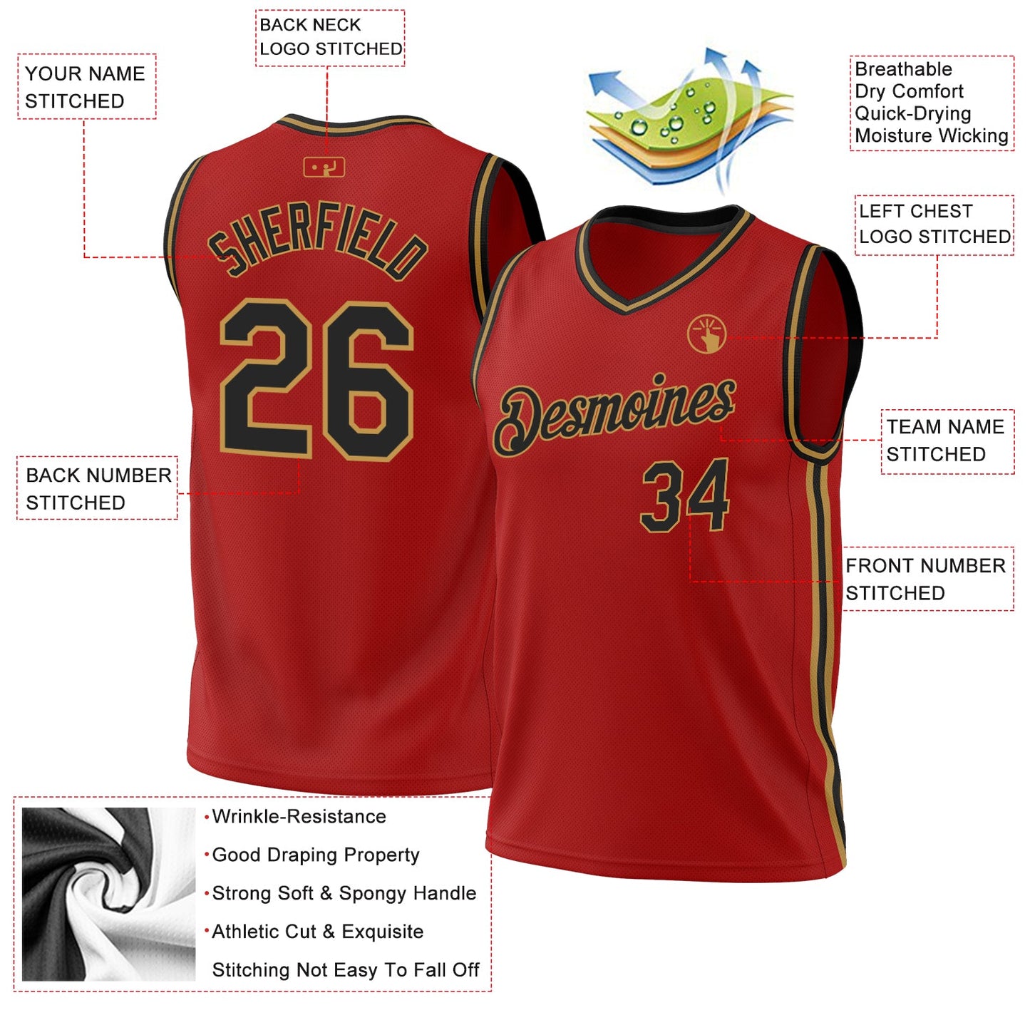 Custom Red Black-Old Gold Authentic Throwback Basketball Jersey view 3