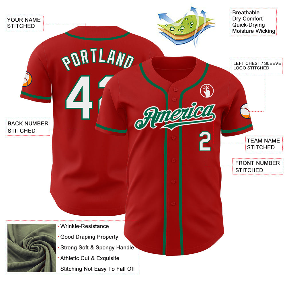 Custom Red White-Kelly Green Authentic Baseball Jersey view 3