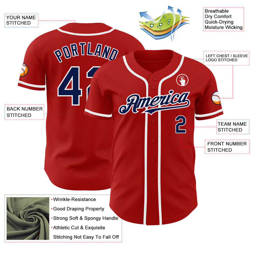 Custom Red Navy-White Authentic Baseball Jersey view 3