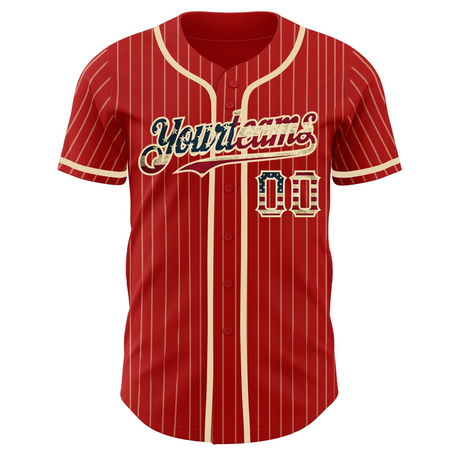 Custom Red Cream Pinstripe Vintage USA Flag Authentic Baseball Jersey view 2
