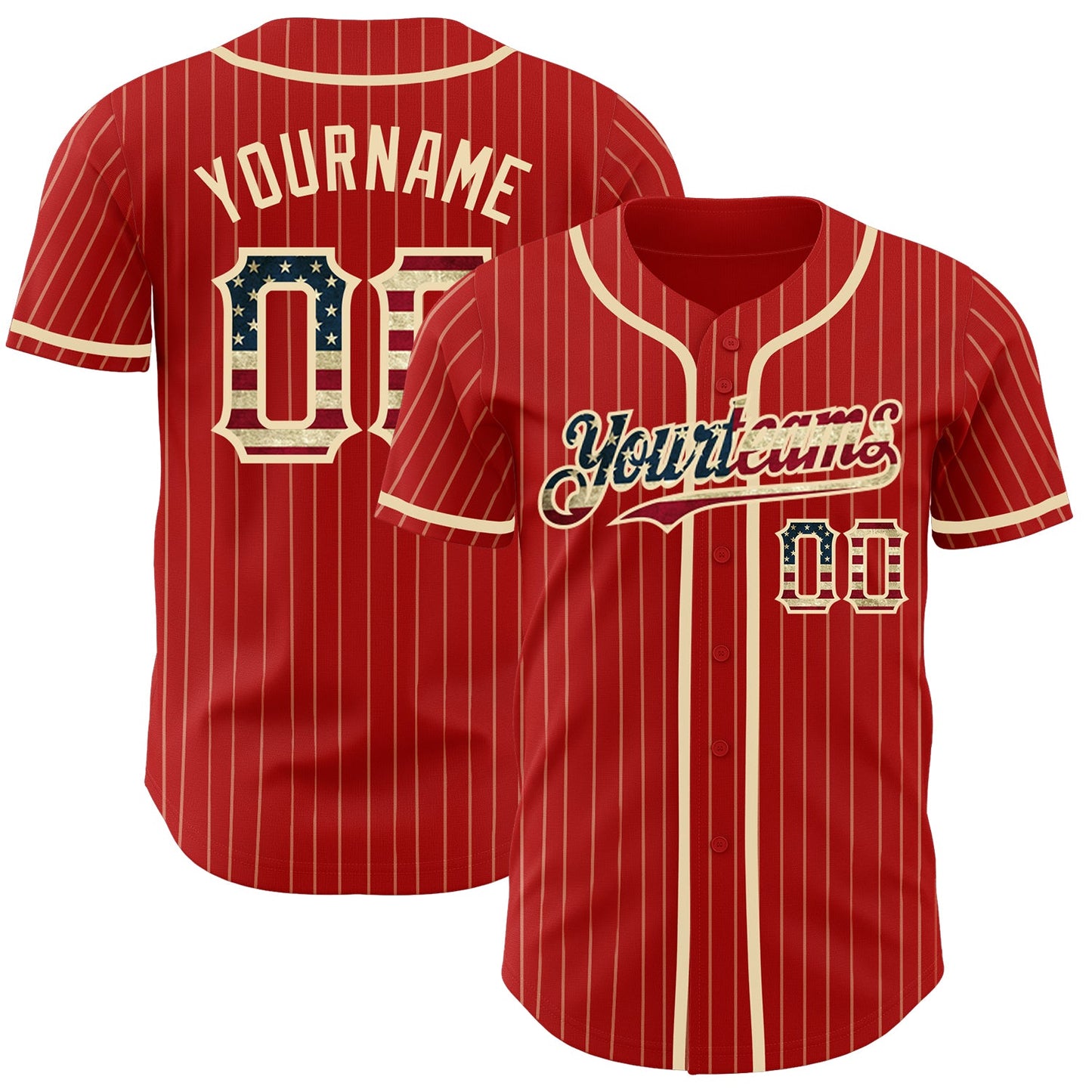 Custom Red Cream Pinstripe Vintage USA Flag Authentic Baseball Jersey - Main View