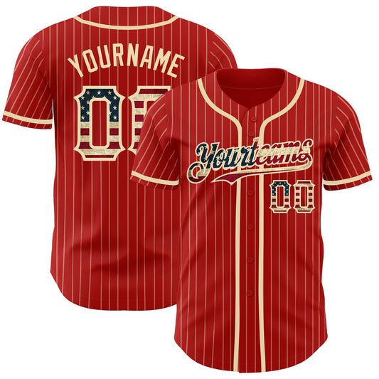 Custom Red Cream Pinstripe Vintage USA Flag Authentic Baseball Jersey - Main View