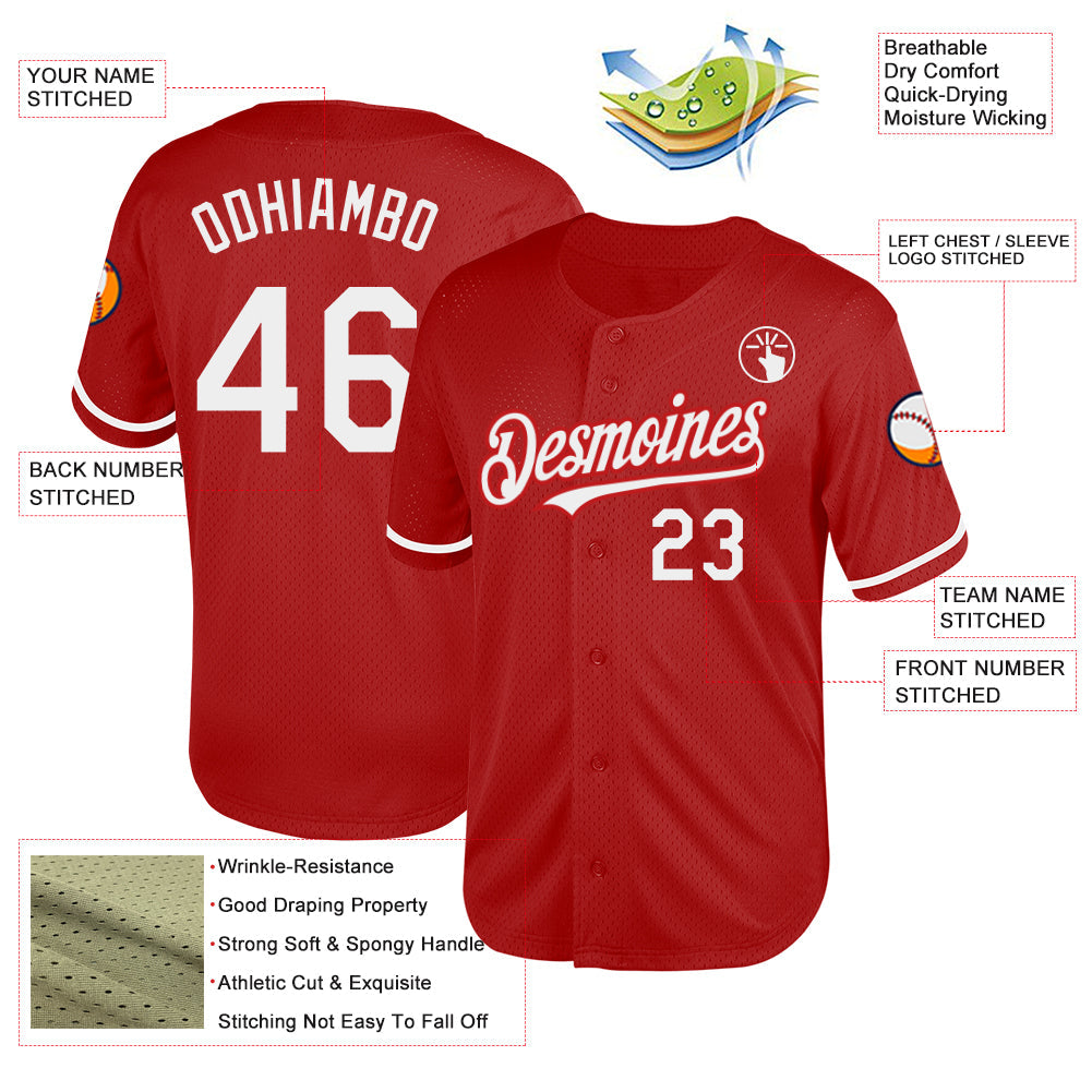 Custom Red White Mesh Authentic Throwback Baseball Jersey view 3