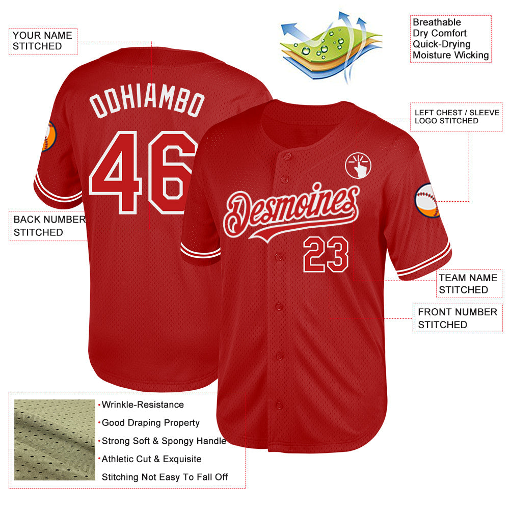 Custom Red White Mesh Authentic Throwback Baseball Jersey view 3