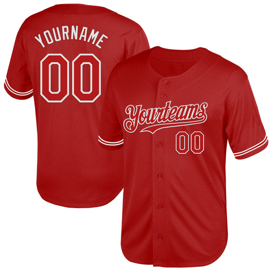 Custom Red White Mesh Authentic Throwback Baseball Jersey - Main View
