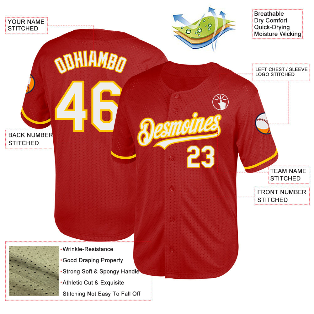 Custom Red White-Yellow Mesh Authentic Throwback Baseball Jersey view 3