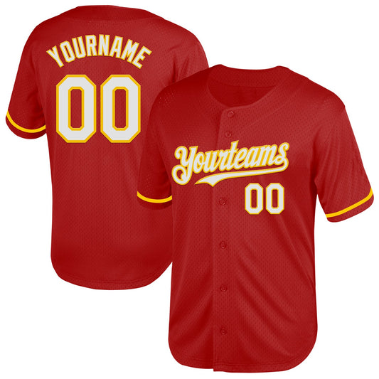 Custom Red White-Yellow Mesh Authentic Throwback Baseball Jersey - Main View