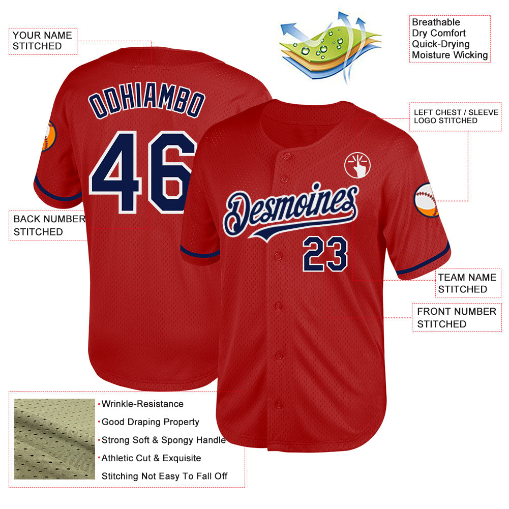 Custom Red Navy-White Mesh Authentic Throwback Baseball Jersey view 3