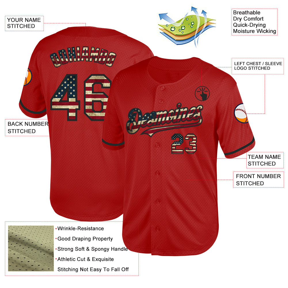 Custom Red Vintage USA Flag-Black Mesh Authentic Throwback Baseball Jersey view 3