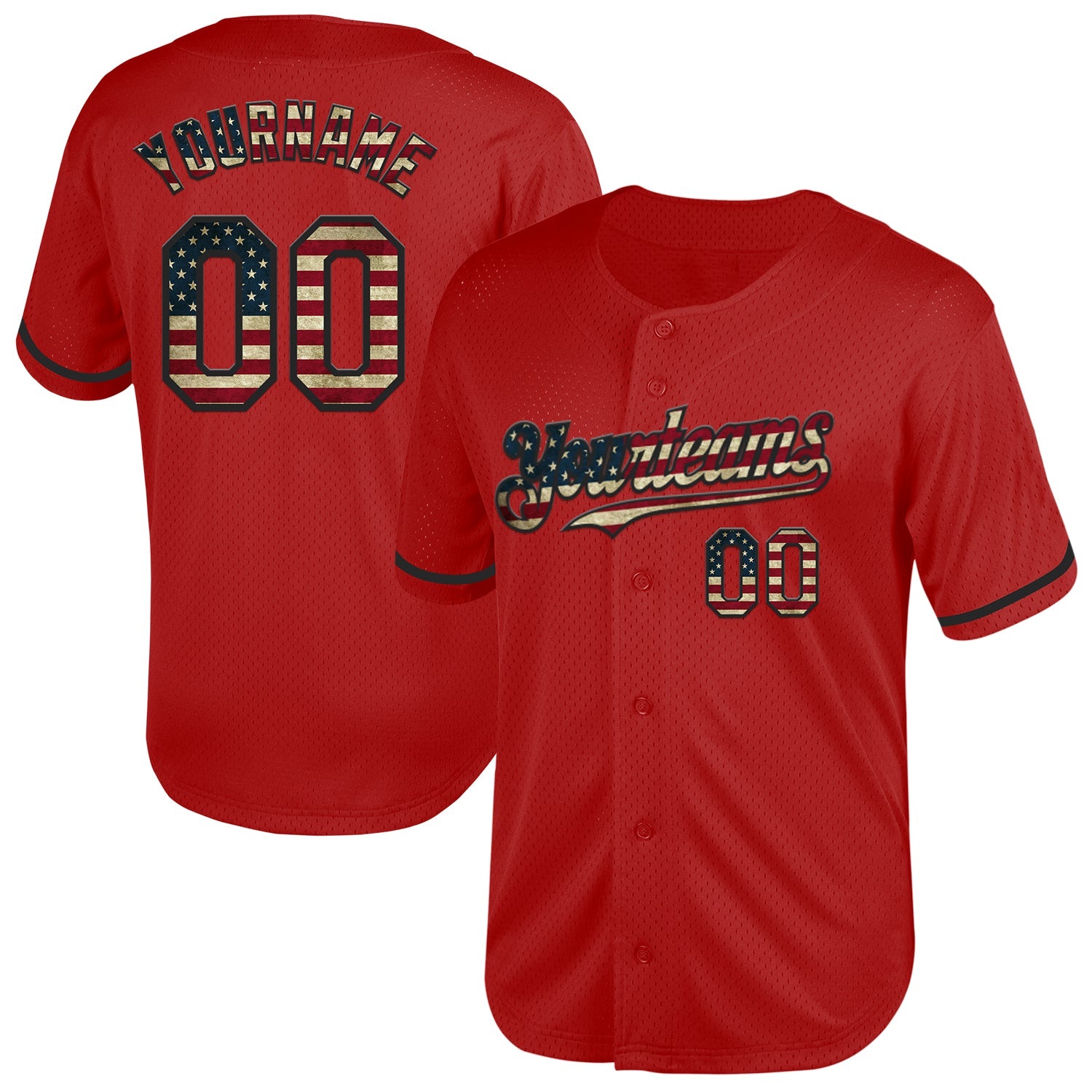 Custom Red Vintage USA Flag-Black Mesh Authentic Throwback Baseball Jersey - Main View