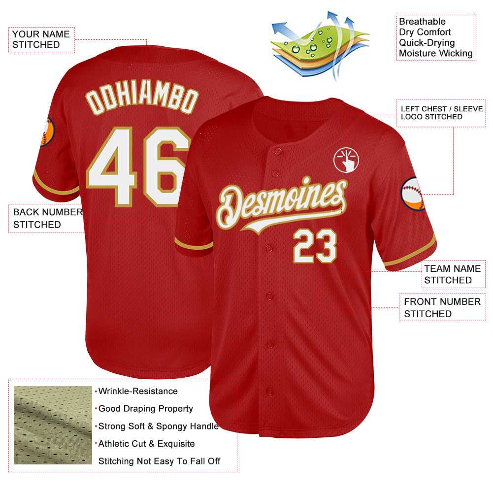 Custom Red White-Old Gold Mesh Authentic Throwback Baseball Jersey view 3