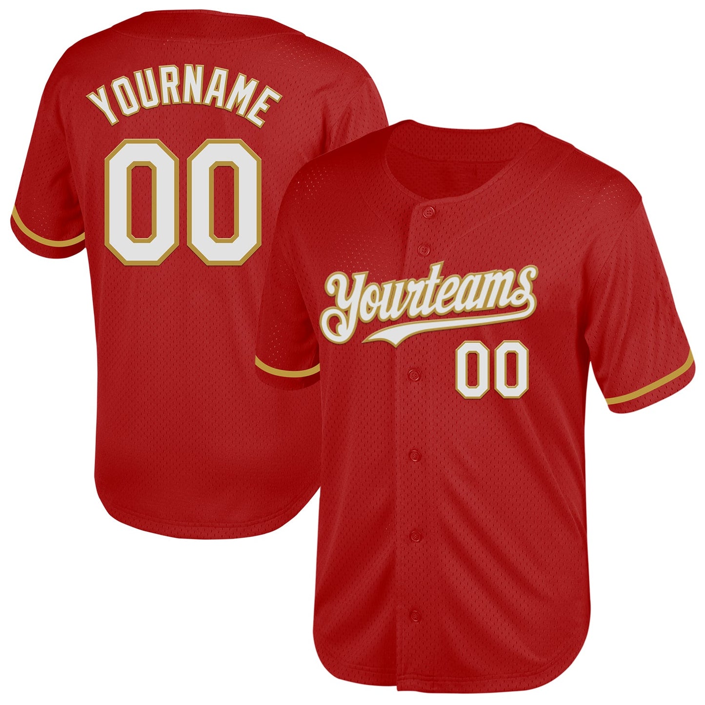 Custom Red White-Old Gold Mesh Authentic Throwback Baseball Jersey - Main View