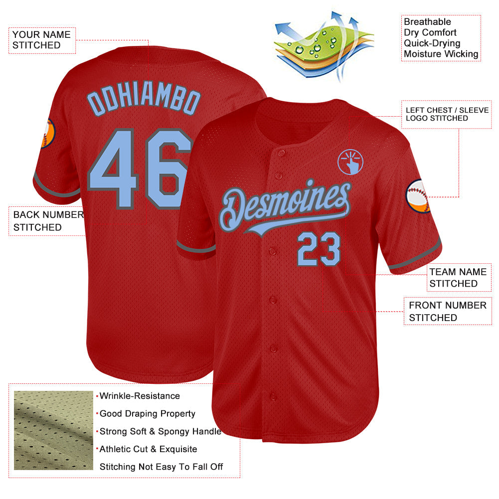 Custom Red Light Blue-Steel Gray Mesh Authentic Throwback Baseball Jersey view 3
