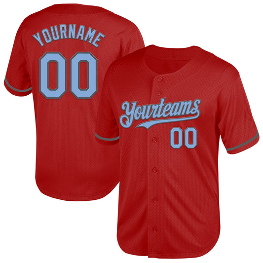 Custom Red Light Blue-Steel Gray Mesh Authentic Throwback Baseball Jersey - Main View
