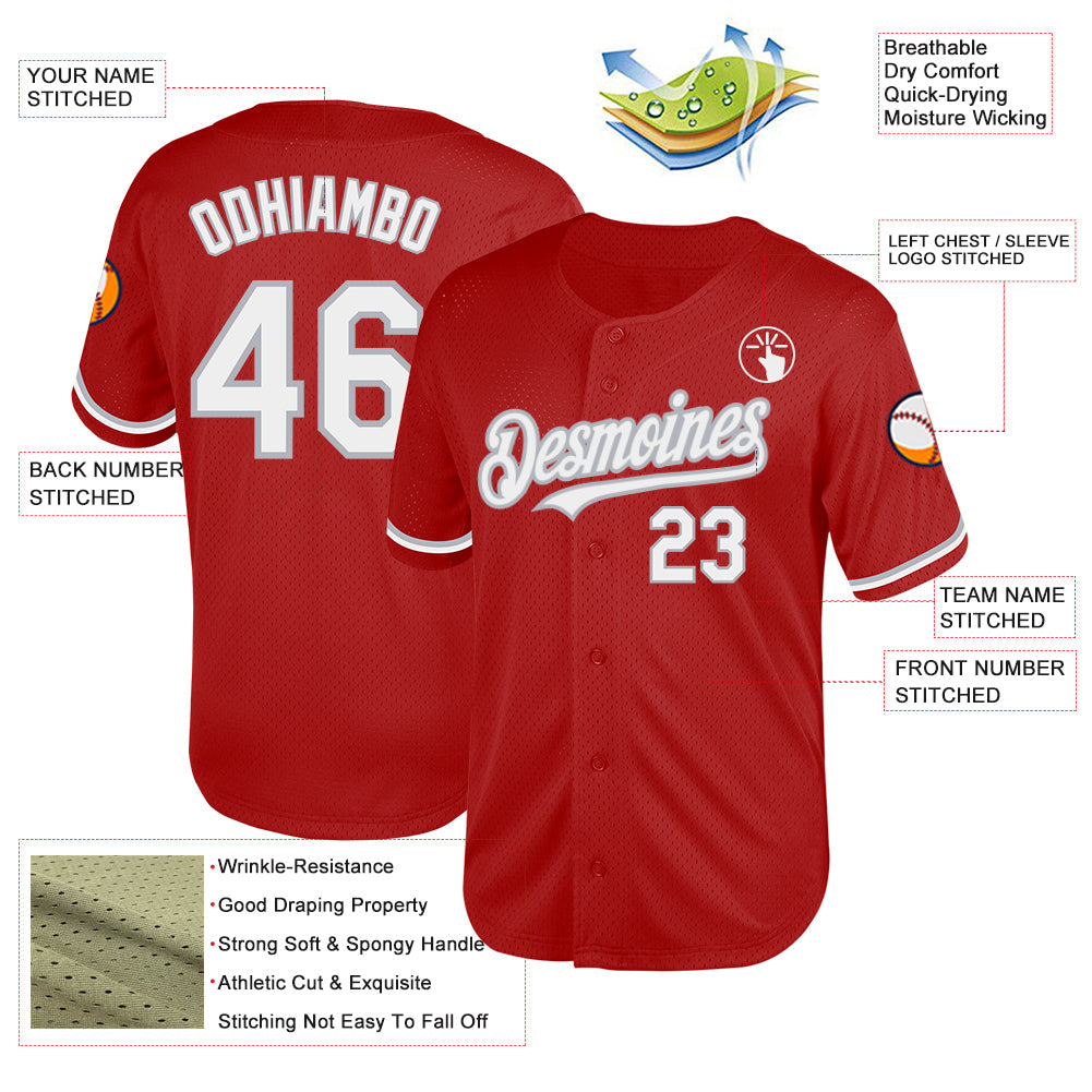 Custom Red White-Gray Mesh Authentic Throwback Baseball Jersey view 3
