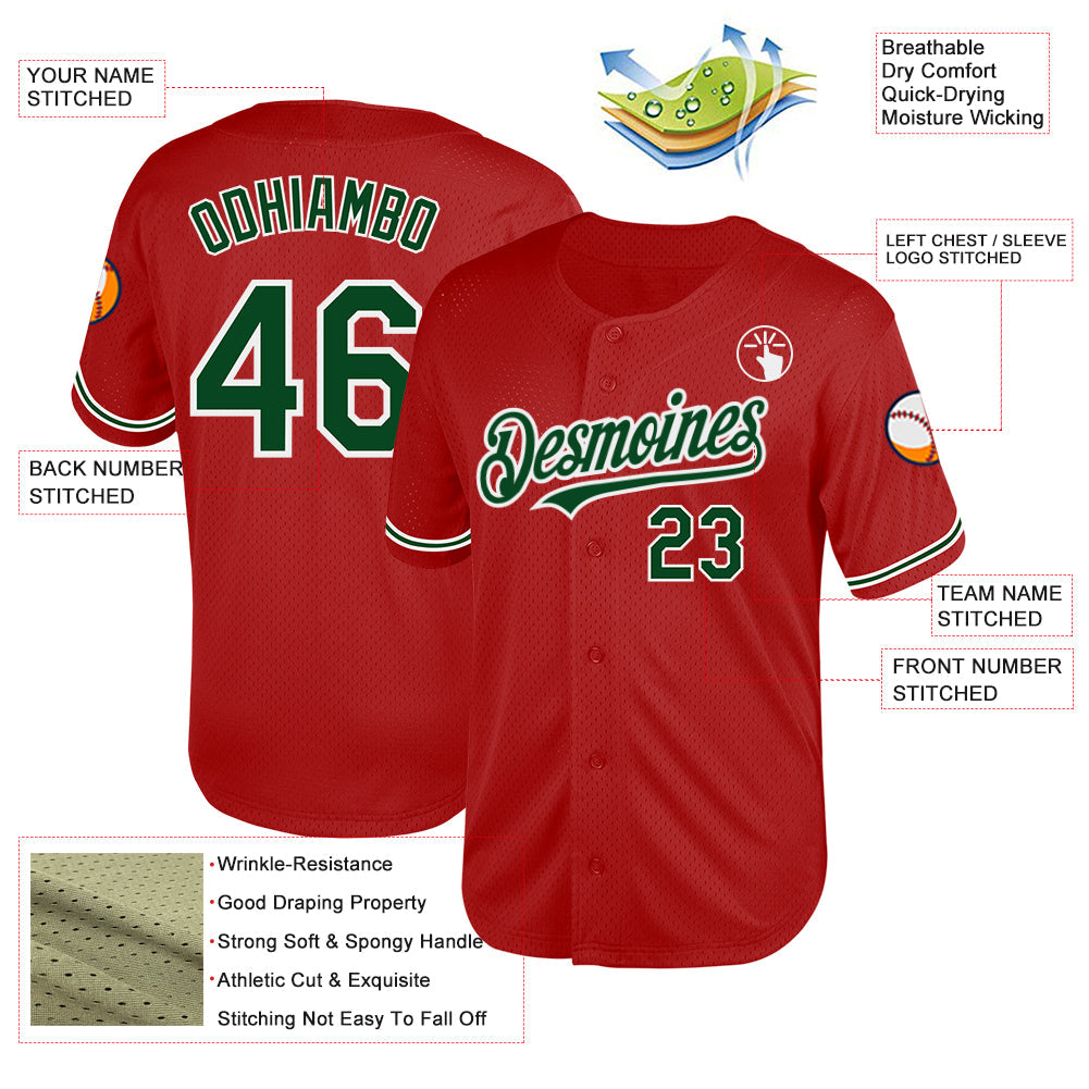 Custom Red Green-White Mesh Authentic Throwback Baseball Jersey view 3
