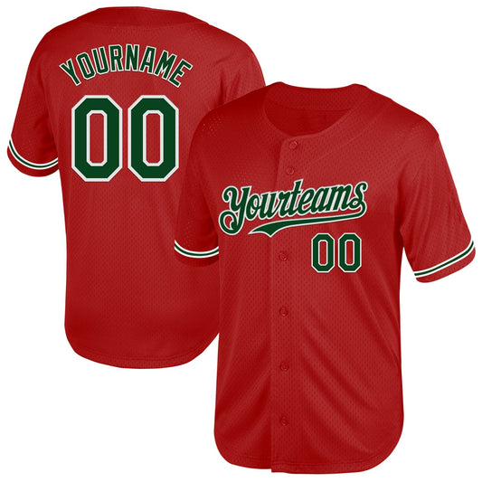 Custom Red Green-White Mesh Authentic Throwback Baseball Jersey - Main View