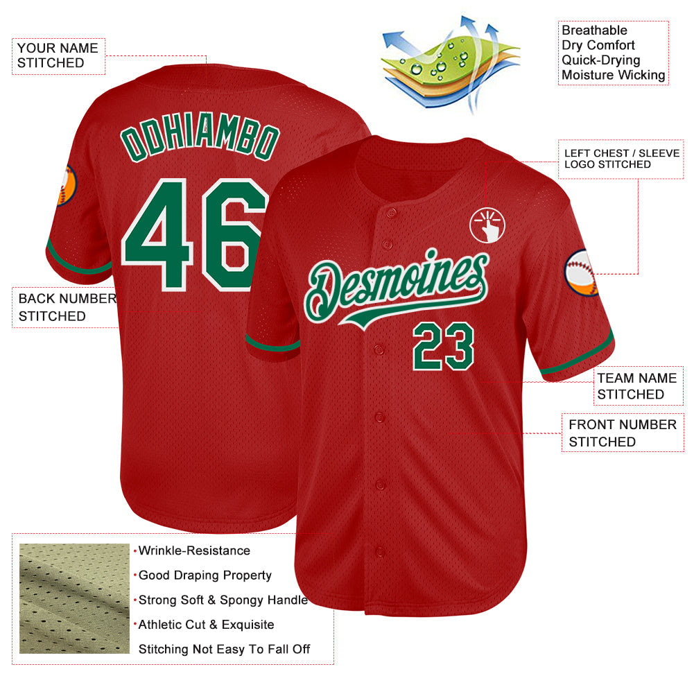 Custom Red Kelly Green-White Mesh Authentic Throwback Baseball Jersey view 3
