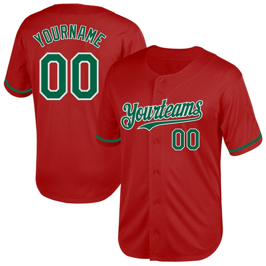 Custom Red Kelly Green-White Mesh Authentic Throwback Baseball Jersey - Main View