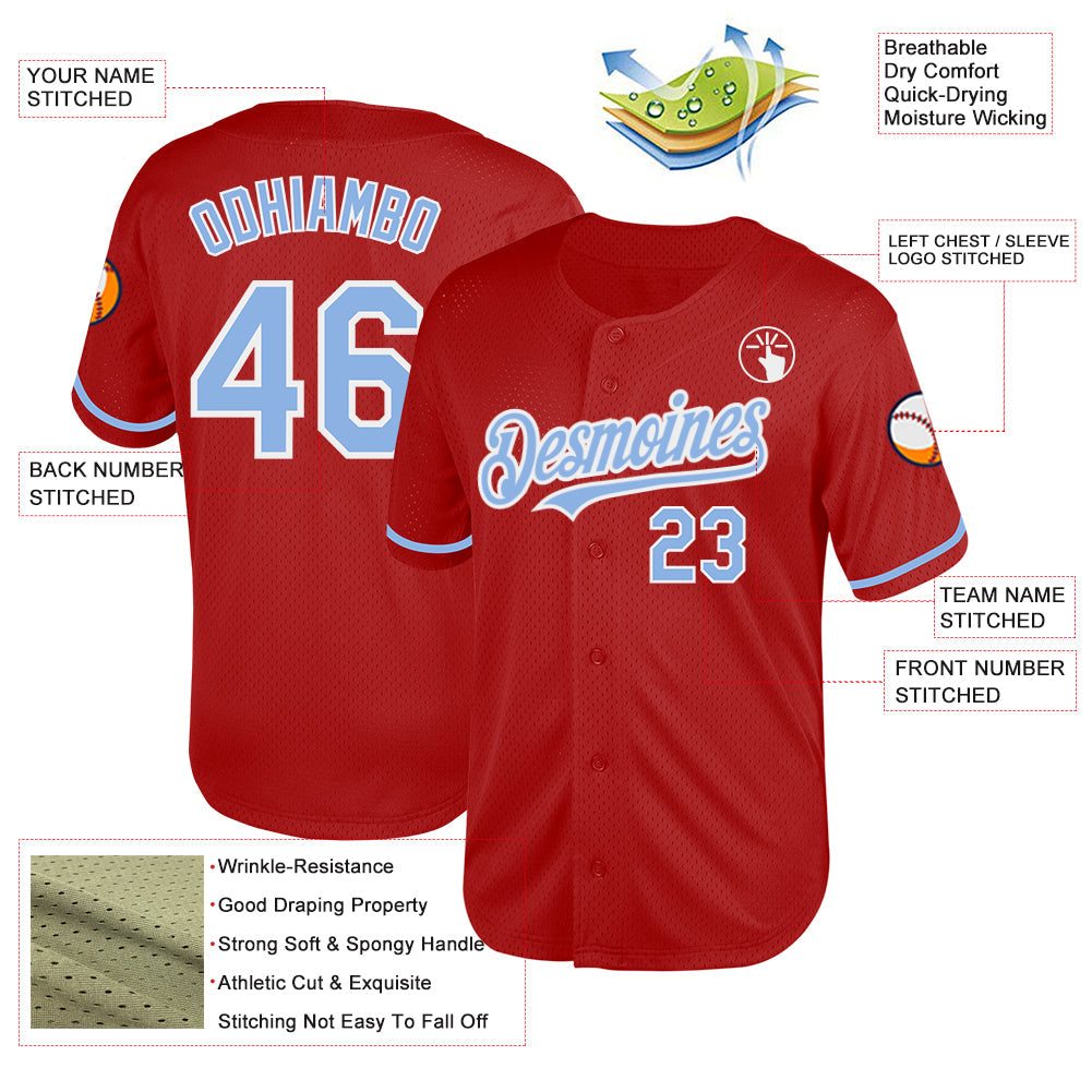Custom Red Light Blue-White Mesh Authentic Throwback Baseball Jersey view 3