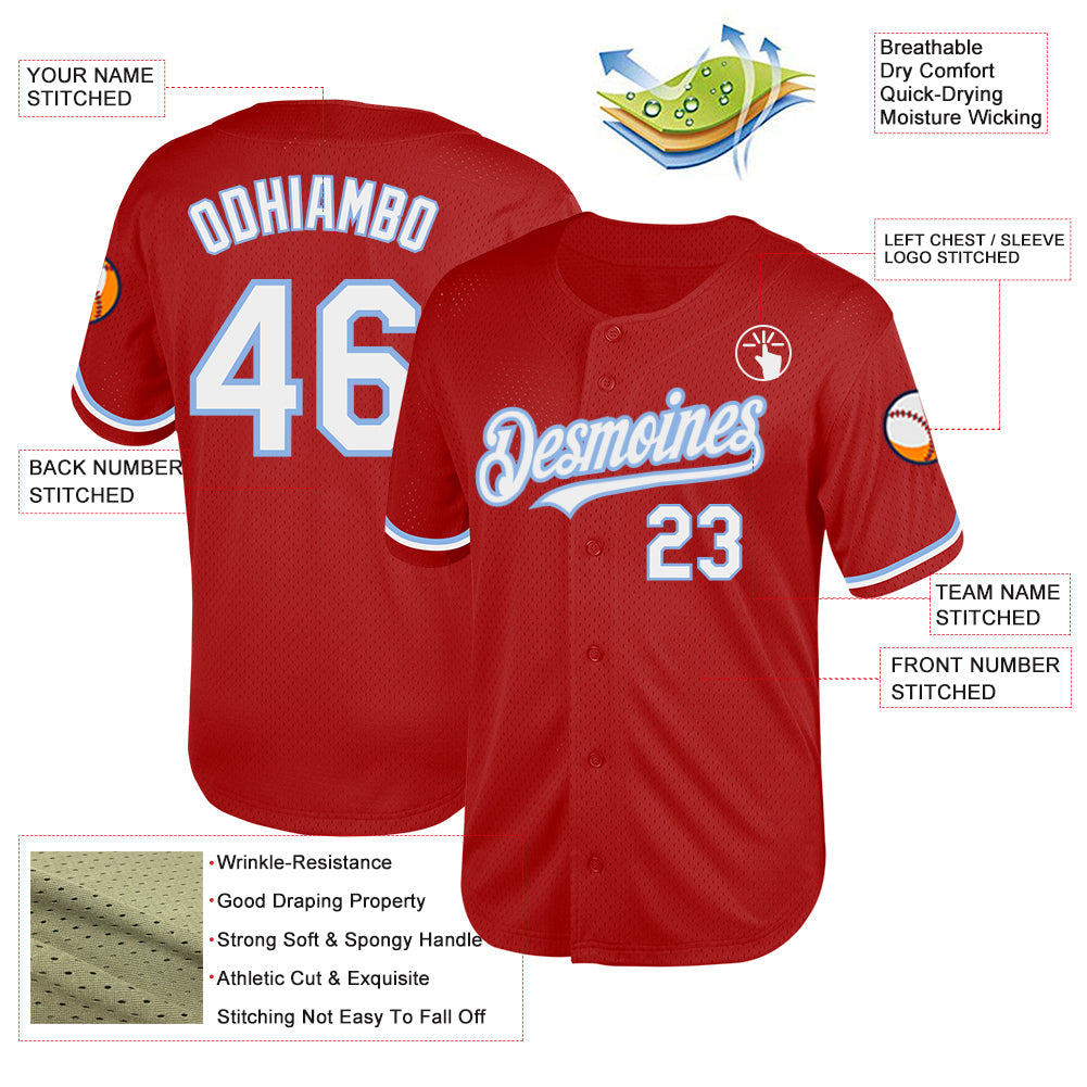 Custom Red White-Light Blue Mesh Authentic Throwback Baseball Jersey view 3