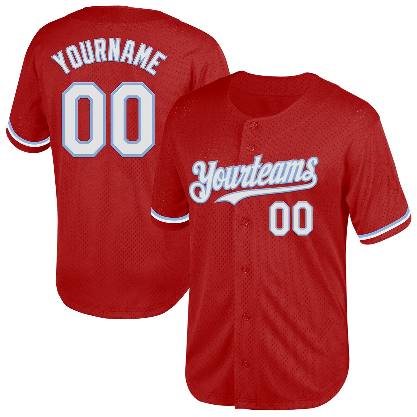 Custom Red White-Light Blue Mesh Authentic Throwback Baseball Jersey - Main View