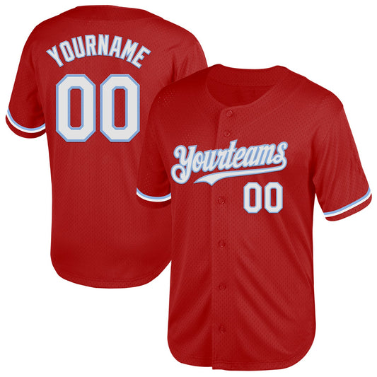 Custom Red White-Light Blue Mesh Authentic Throwback Baseball Jersey - Main View