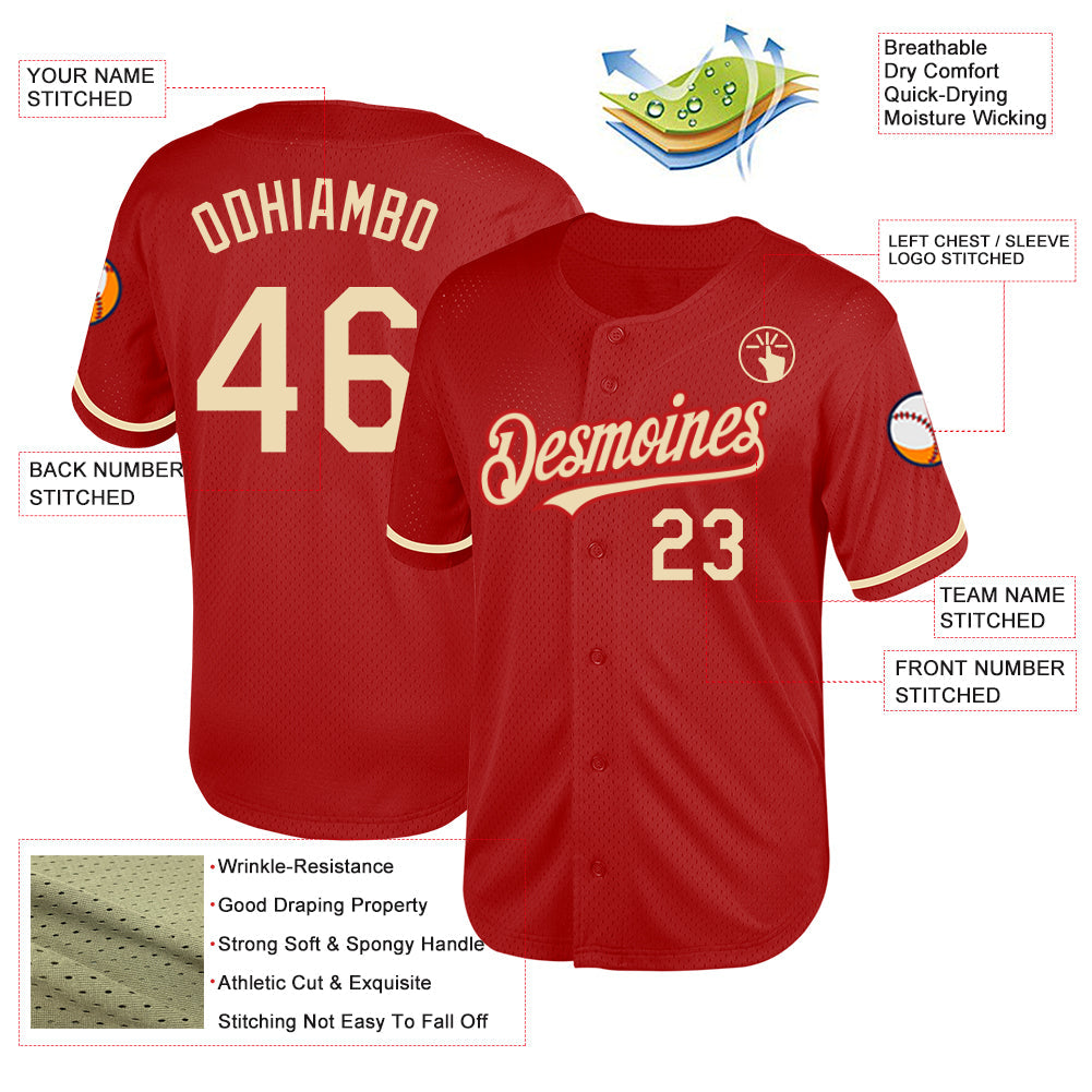 Custom Red Cream Mesh Authentic Throwback Baseball Jersey view 3