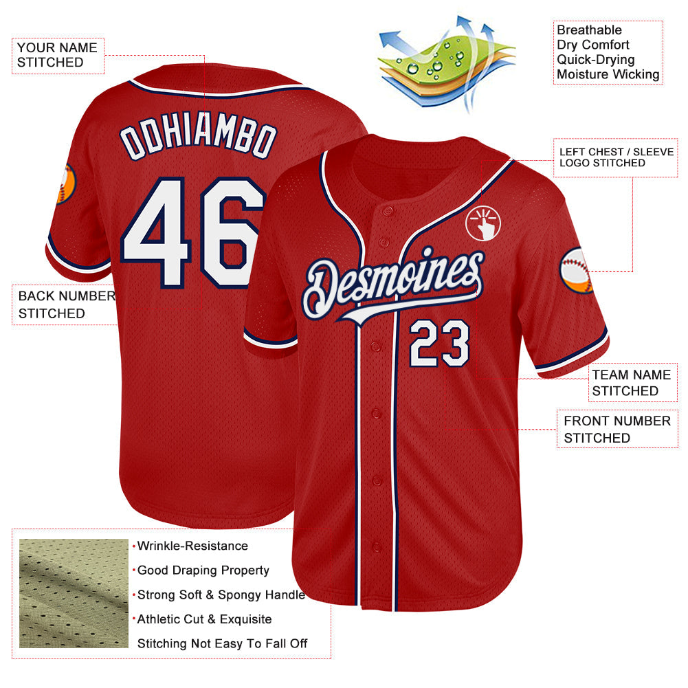 Custom Red White-Navy Mesh Authentic Throwback Baseball Jersey view 3