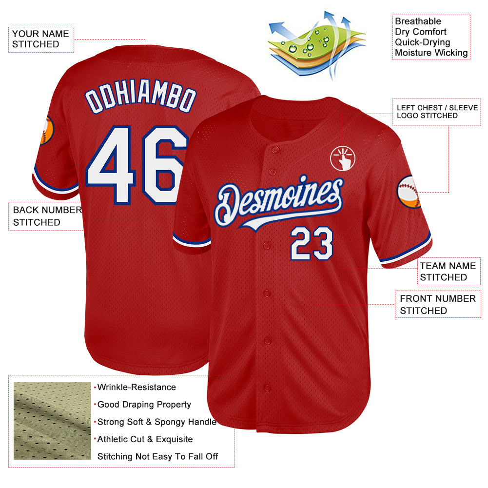 Custom Red White-Royal Mesh Authentic Throwback Baseball Jersey view 3