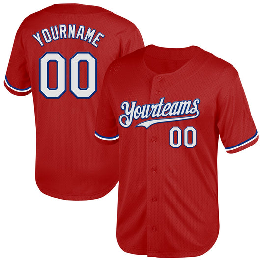 Custom Red White-Royal Mesh Authentic Throwback Baseball Jersey - Main View