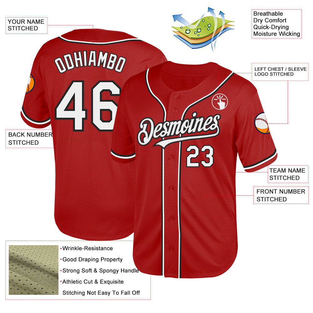 Custom Red White-Black Mesh Authentic Throwback Baseball Jersey view 3