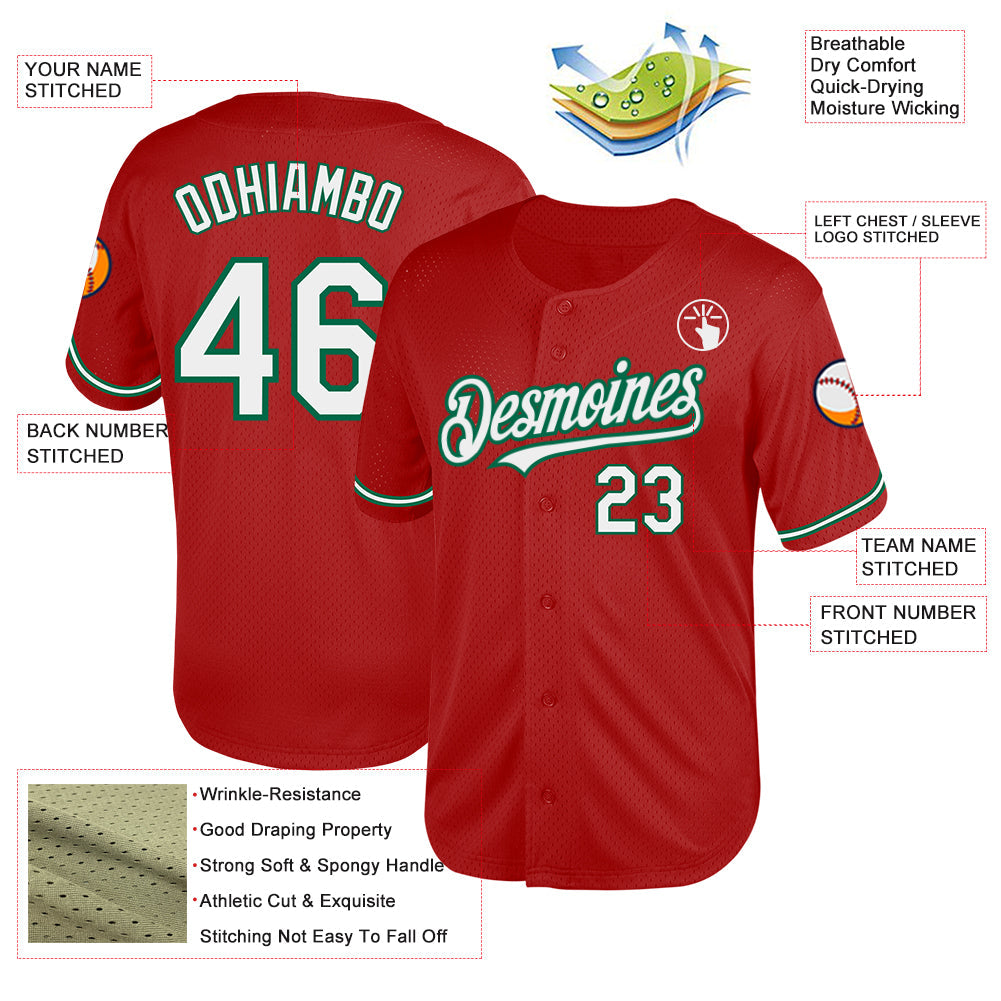 Custom Red White-Kelly Green Mesh Authentic Throwback Baseball Jersey view 3