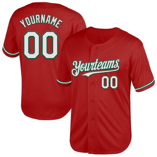 Custom Red White-Kelly Green Mesh Authentic Throwback Baseball Jersey - Main View