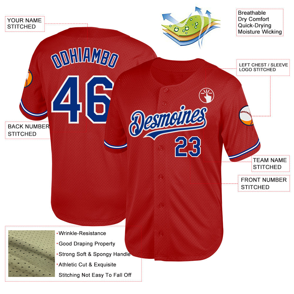 Custom Red Royal-White Mesh Authentic Throwback Baseball Jersey view 3