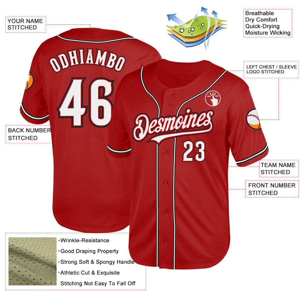 Custom Red White-Black Mesh Authentic Throwback Baseball Jersey view 3