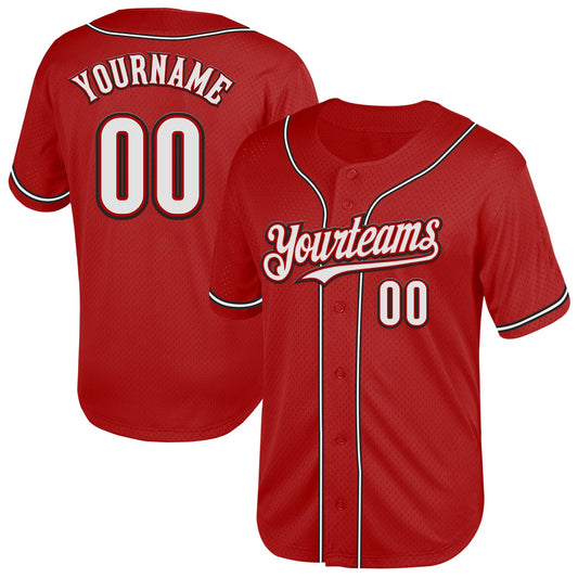 Custom Red White-Black Mesh Authentic Throwback Baseball Jersey - Main View