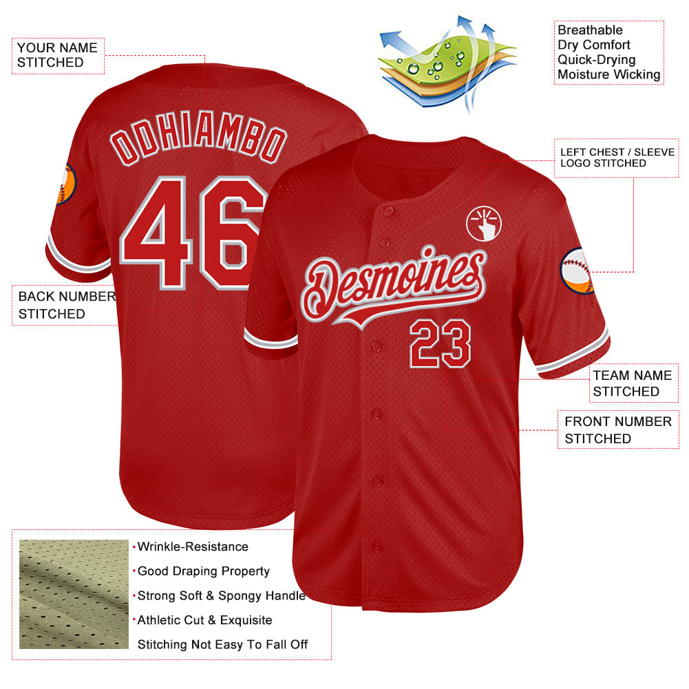 Custom Red White-Gray Mesh Authentic Throwback Baseball Jersey view 3