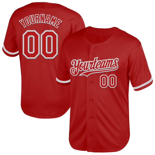 Custom Red White-Gray Mesh Authentic Throwback Baseball Jersey - Main View