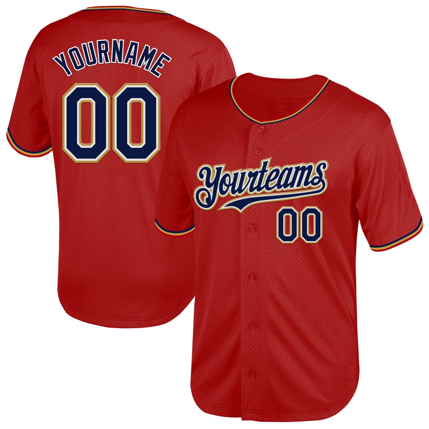 Custom Red Navy-Old Gold Mesh Authentic Throwback Baseball Jersey - Main View