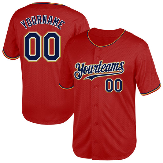Custom Red Navy-Old Gold Mesh Authentic Throwback Baseball Jersey - Main View